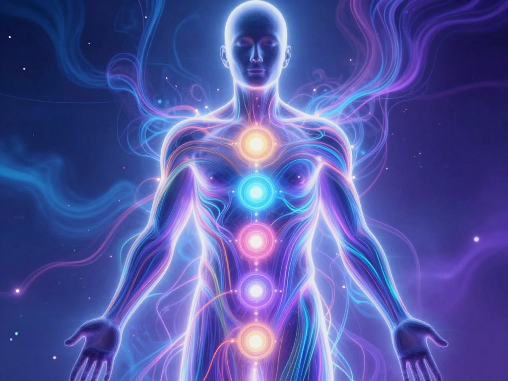 Abstract visualization of energy flowing through human body highlighting emotional energy centers