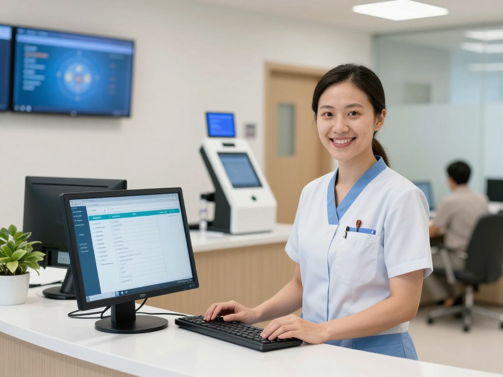 Administrative staff using automated scheduling and registration systems at healthcare facility front desk