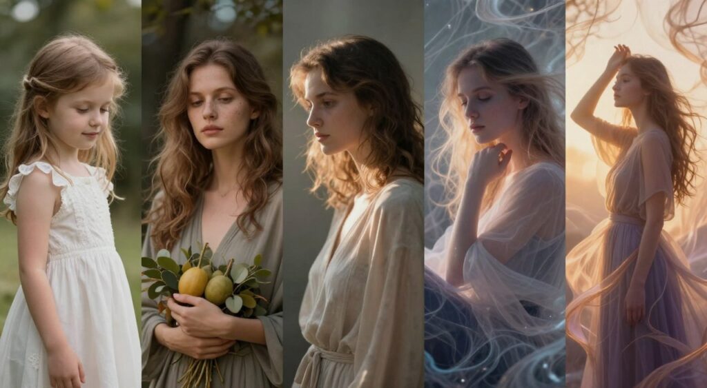 Artistic representation of different feminine archetypes through symbolic imagery and light Artistic representation of different feminine archetypes through symbolic imagery and light