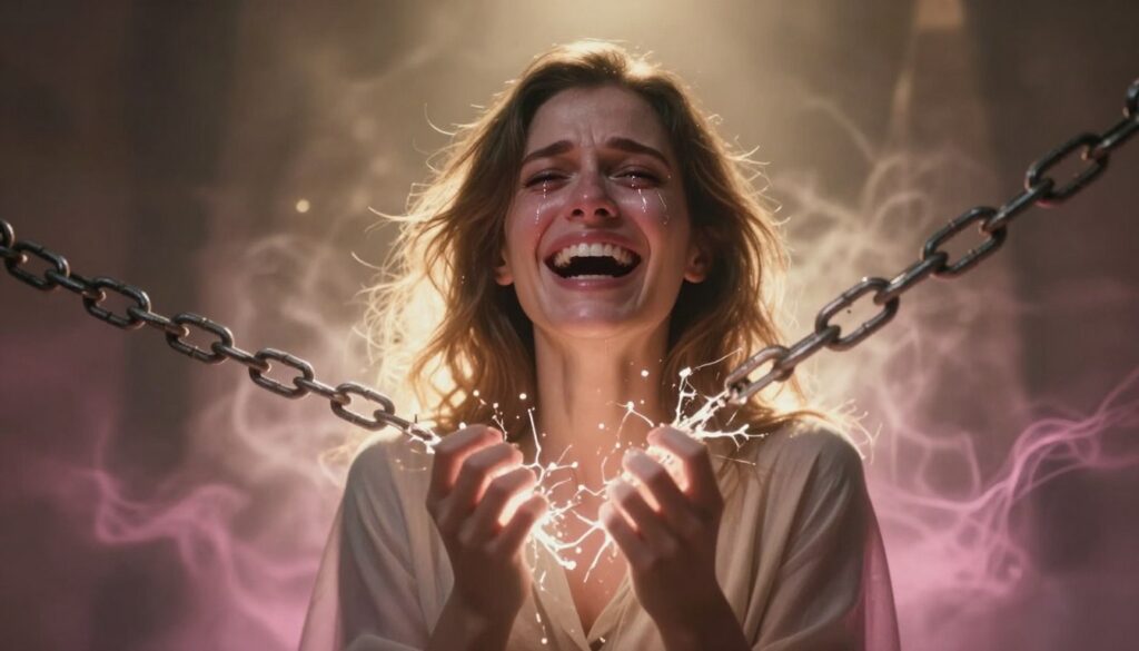 Artistic representation of emotional release with woman experiencing breakthrough moment surrounded by light Artistic representation of emotional release with woman experiencing breakthrough moment surrounded by light
