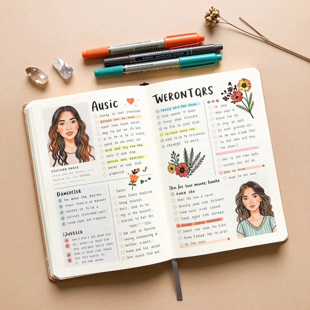 Beautiful journal with feminine artwork and transformation tracking spread showing growth over time