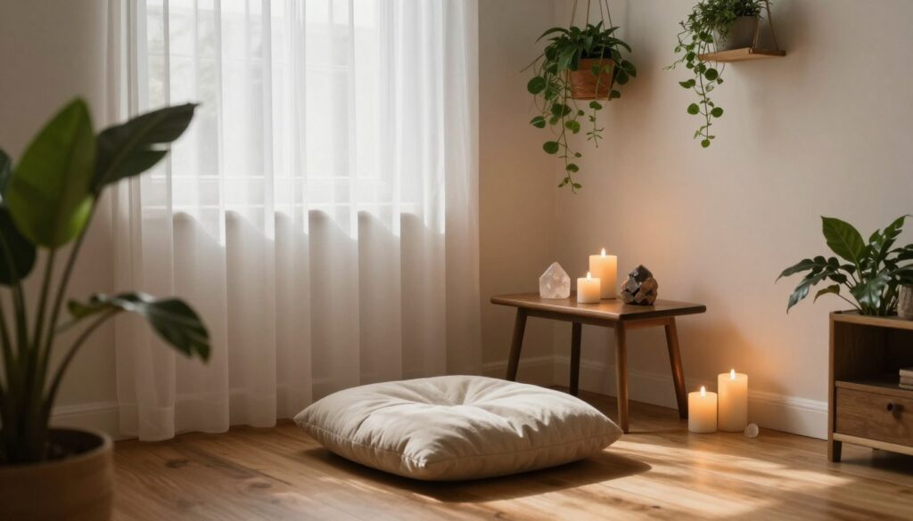 Beautiful meditation corner with cushions candles and plants creating peaceful sanctuary