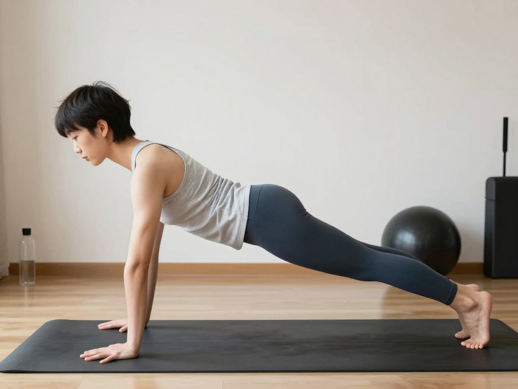 Beginner performing basic Pilates exercises at home Beginner performing basic Pilates exercises at home