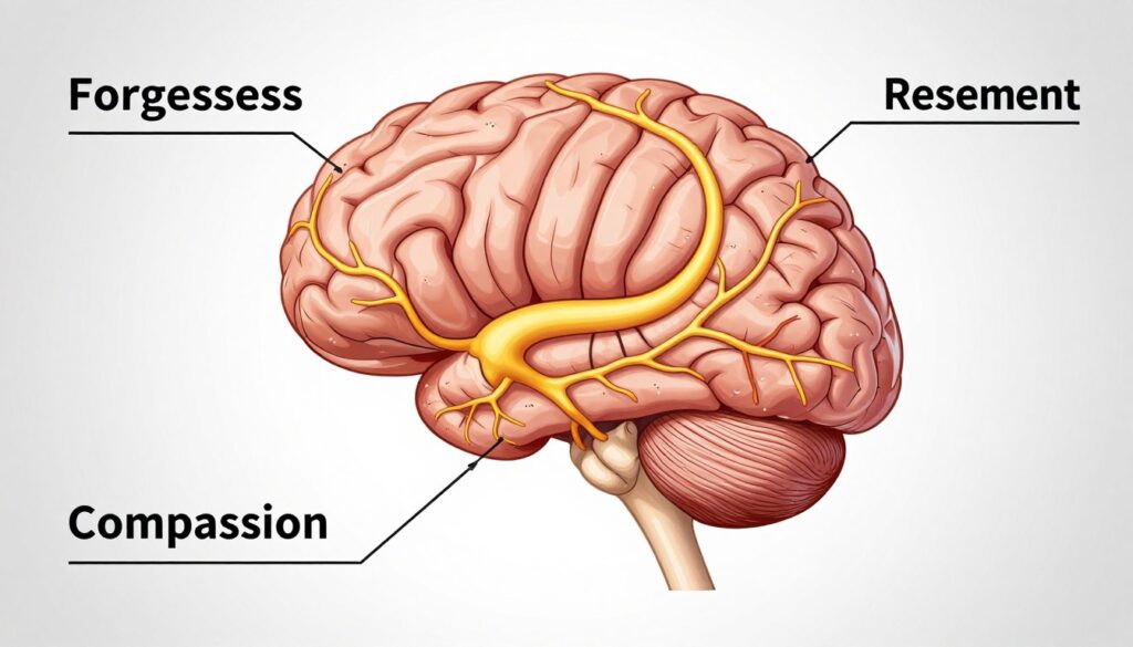 Brain illustration showing neural pathways and changes associated with forgiveness practice