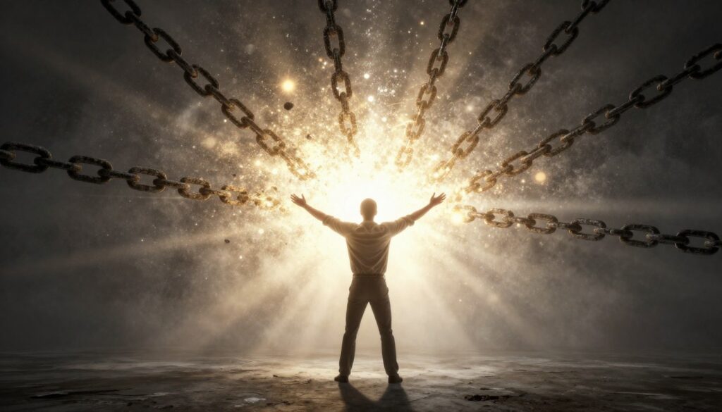 Breaking free from limiting beliefs shown through metaphorical chains dissolving into light