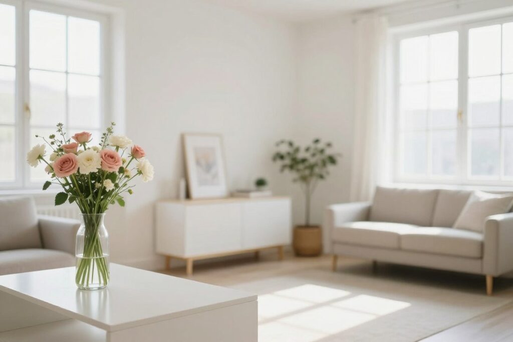 Clean organized peaceful living space with fresh flowers representing space for new beginnings