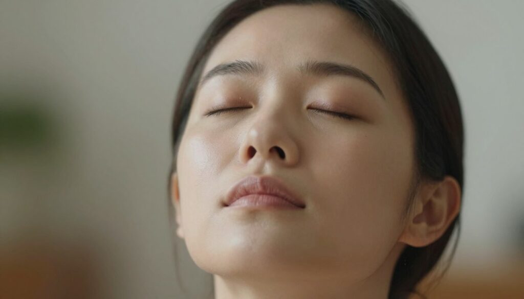 Close-up of person practicing breathwork meditation with peaceful expression