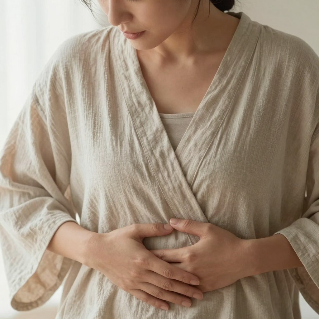 Close-up of woman practicing conscious breathing with hands on abdomen in meditation pose Close-up of woman practicing conscious breathing with hands on abdomen in meditation pose