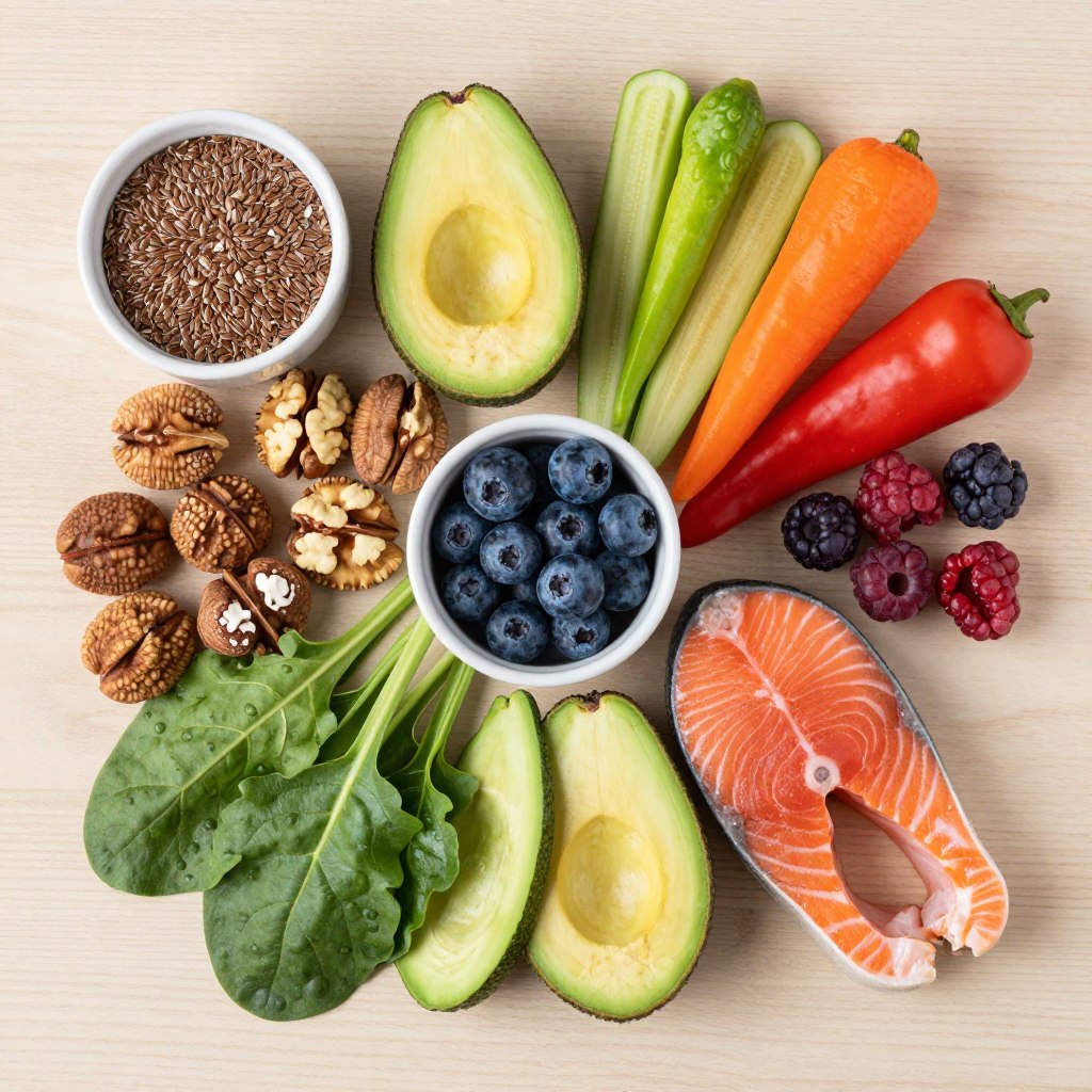 Colorful array of fresh vegetables, fruits, seeds and healthy foods supporting hormone balance Colorful array of fresh vegetables, fruits, seeds and healthy foods supporting hormone balance