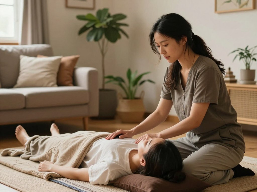 Compassionate healing practitioner supporting client in private session