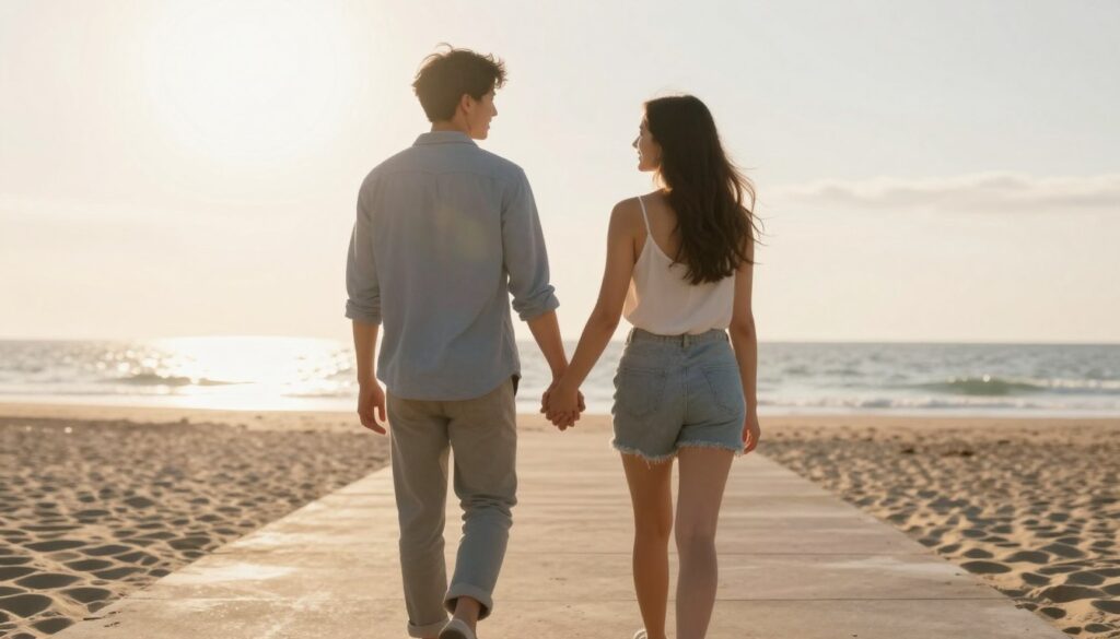Couple holding hands walking toward bright future together