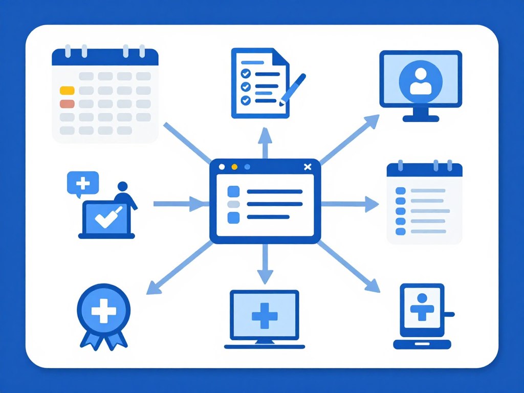 Diagram illustrating components of automated health systems including scheduling, billing, records management, and patient communication