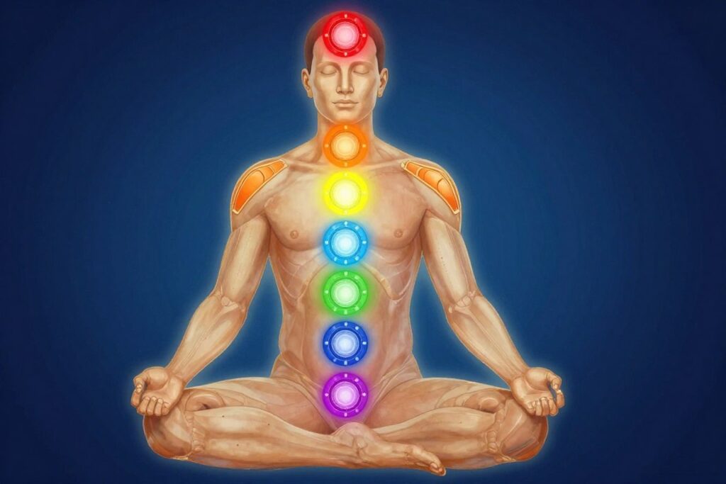 Diagram showing seven chakra points on body with corresponding colors and locations