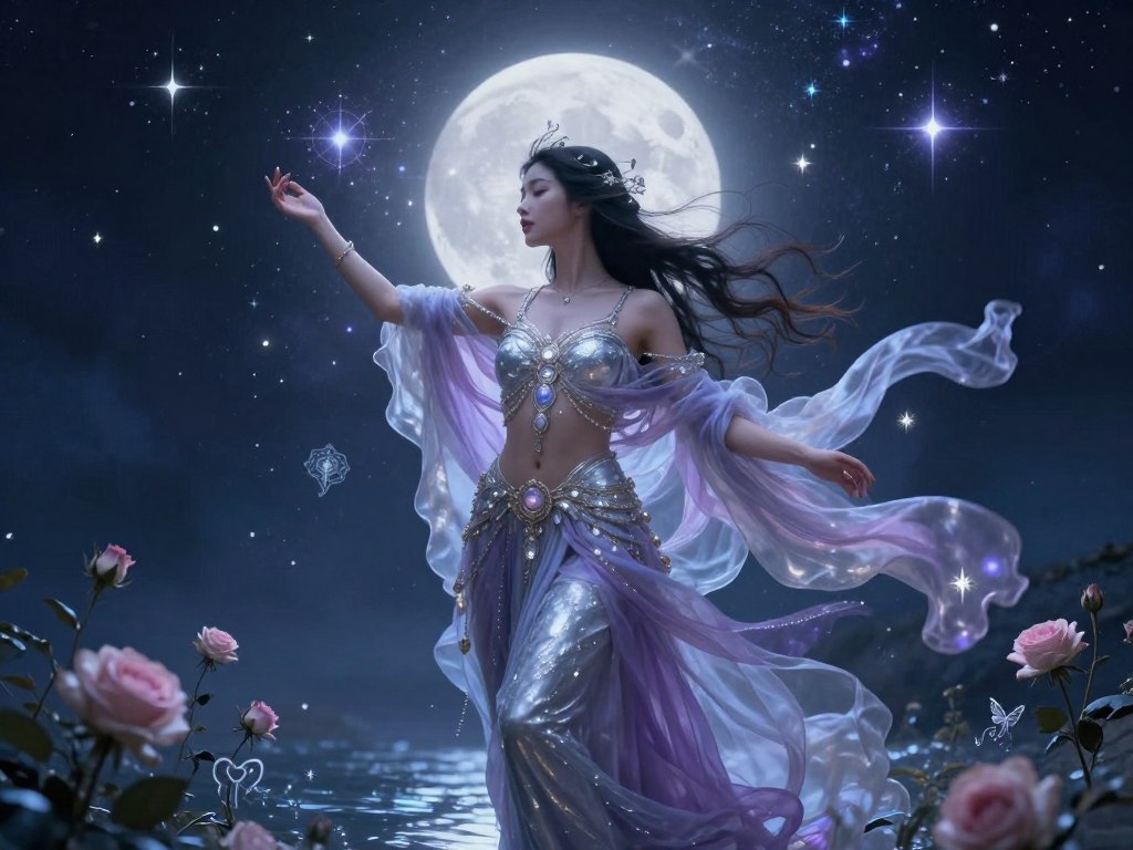Divine feminine energy represented through goddess figure in nature surrounded by moonlight