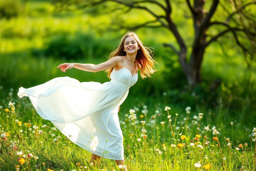 Divine feminine maiden archetype in sacred feminine healing represented by young woman in nature