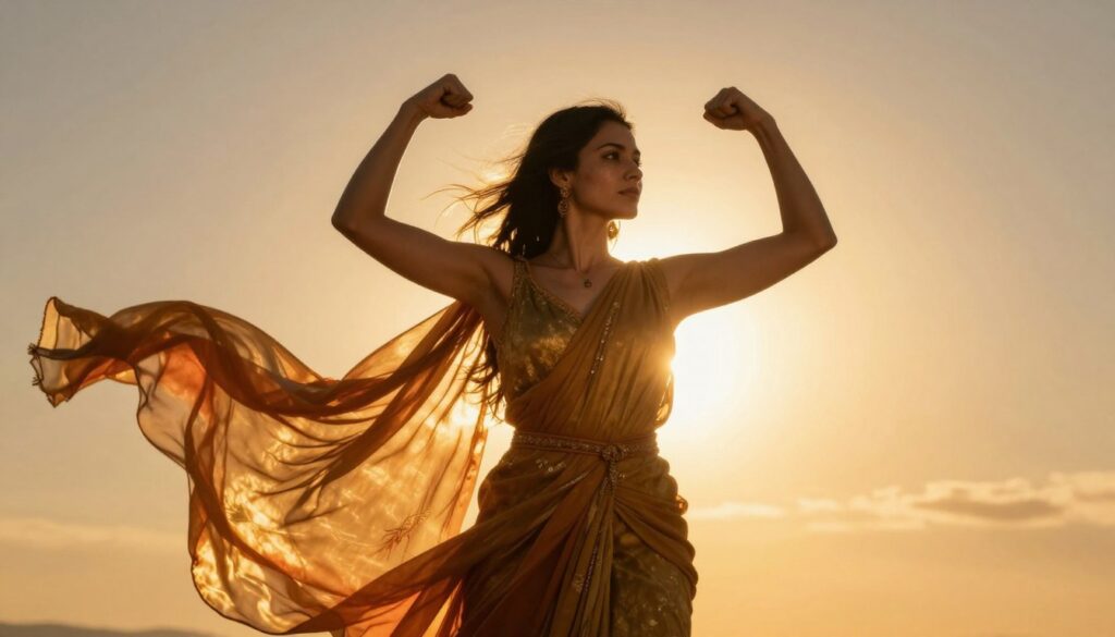 Empowered woman standing in her authentic power radiating confidence and inner strength