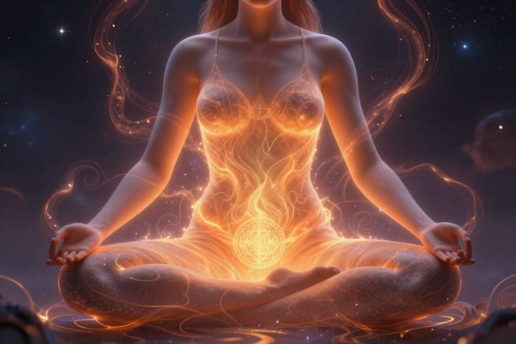 Energetic womb chakra visualization glowing with light