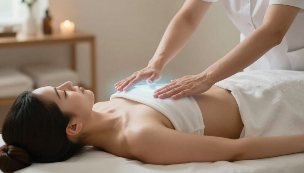 Energy healer working with client's energy field demonstrating healing session