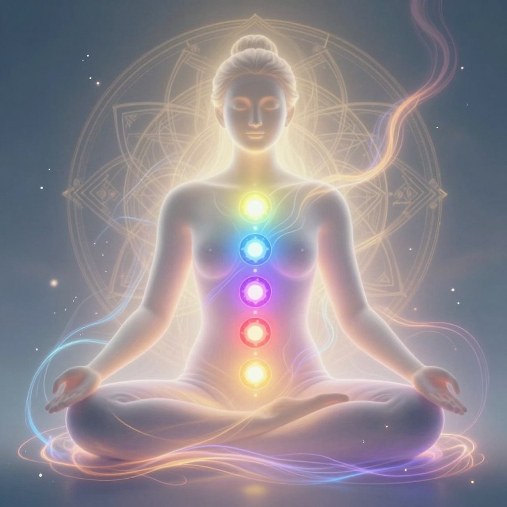 Energy healing session with chakras and flowing light representing spiritual healing