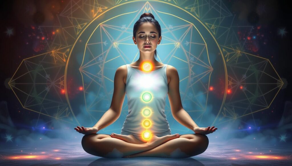 Energy healing visualization with chakras and golden light flowing through the body Energy healing visualization with chakras and golden light flowing through the body