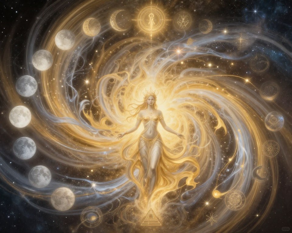 Flowing representation of divine feminine energy with sacred symbols and natural elements Flowing representation of divine feminine energy with sacred symbols and natural elements