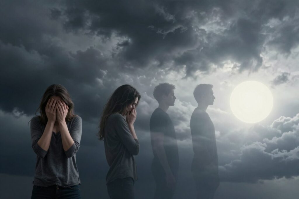 Four distinct phases of transformation showing progression from darkness to light representing forgiveness stages
