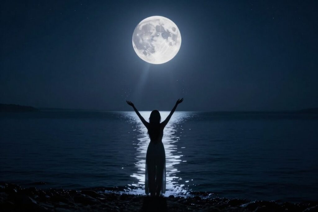 Full moon over water with feminine silhouette representing lunar connection and cycles Full moon over water with feminine silhouette representing lunar connection and cycles