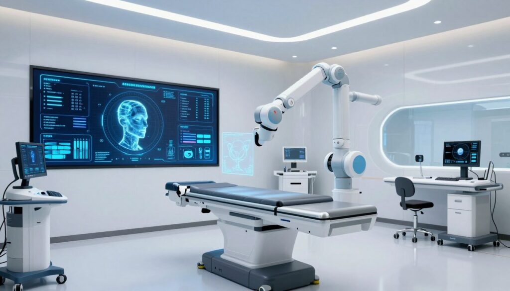 Futuristic healthcare facility showing advanced automation technologies and AI integration