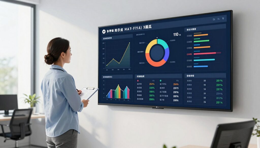 Healthcare administrator reviewing efficiency metrics dashboard showing improved performance from automated health systems