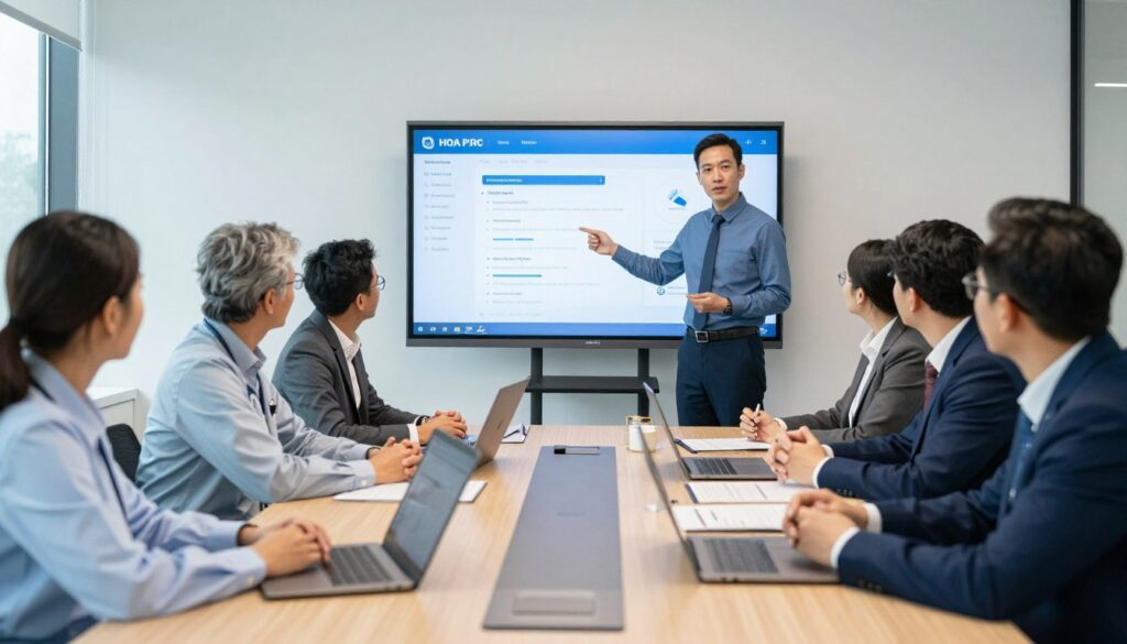Healthcare executives meeting with automation technology vendors for solution demonstration
