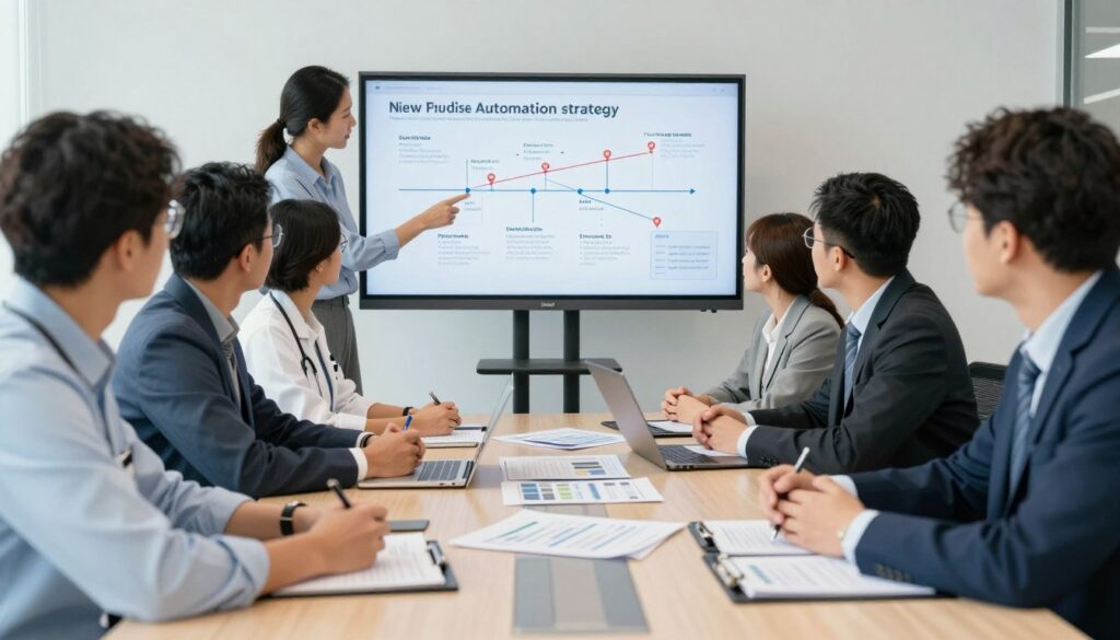 Healthcare leadership team planning automation strategy with roadmap and timeline