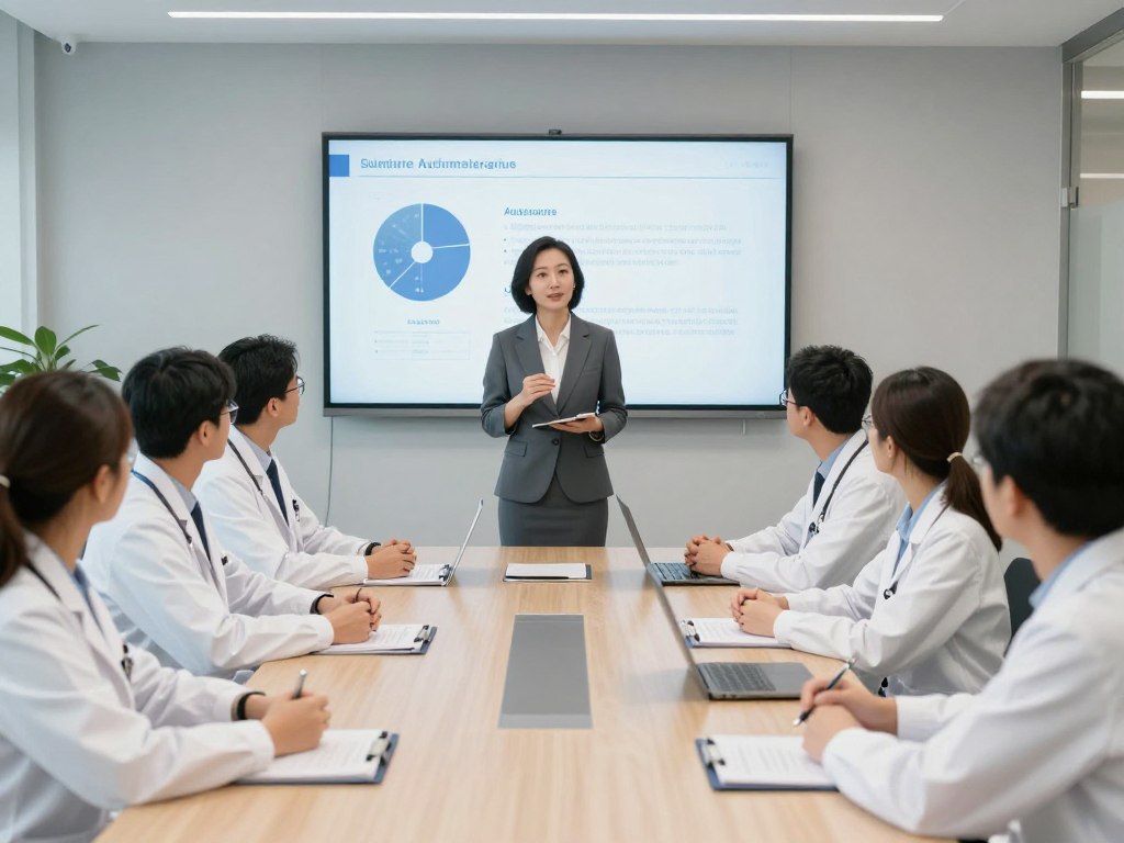 Healthcare manager conducting change management session addressing staff concerns about automation