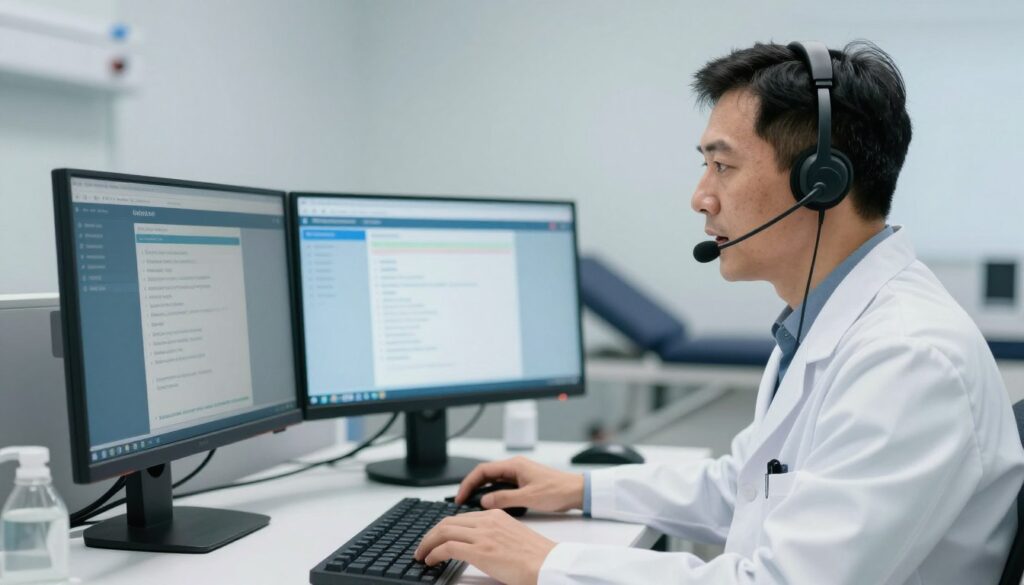 Healthcare provider using automated clinical documentation system showing voice recognition and template features