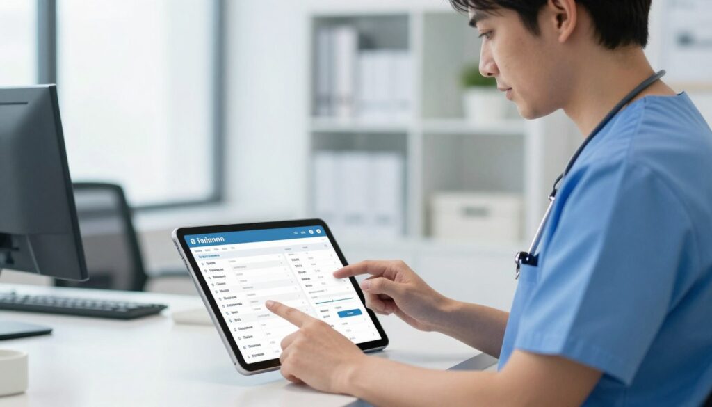 Healthcare staff member using automated health systems on tablet showing patient dashboard and workflow management