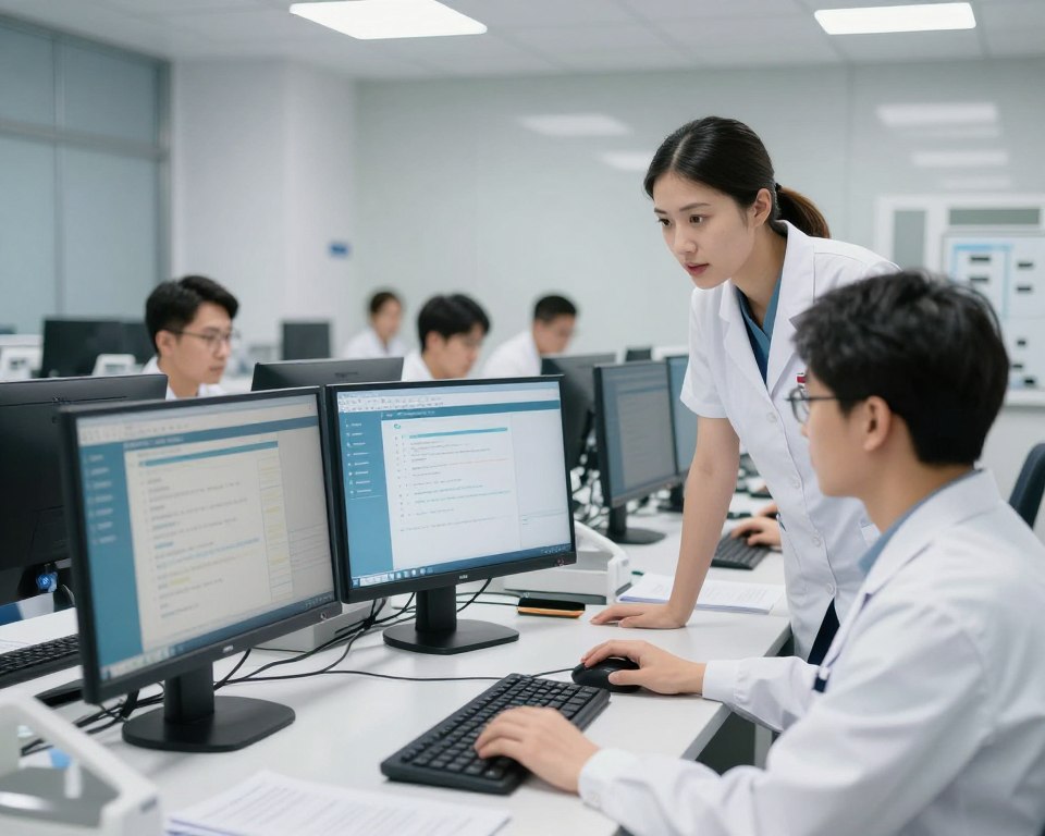 Healthcare staff participating in hands-on training session for automated health systems