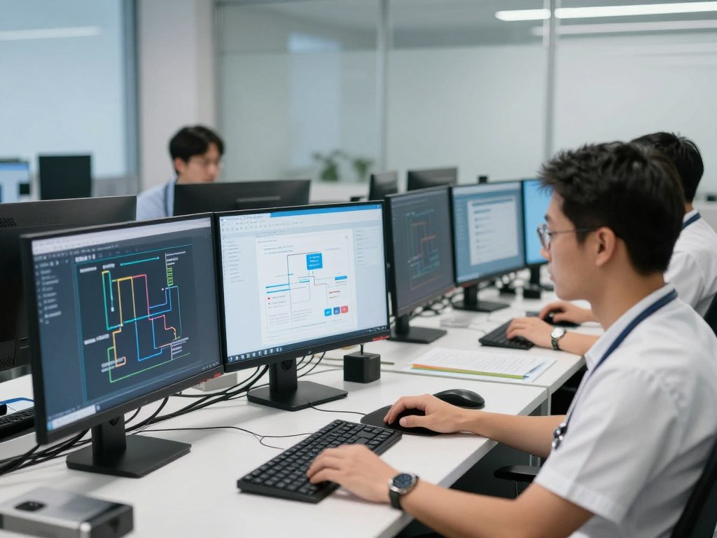 IT team working on healthcare system integration showing multiple platforms connecting