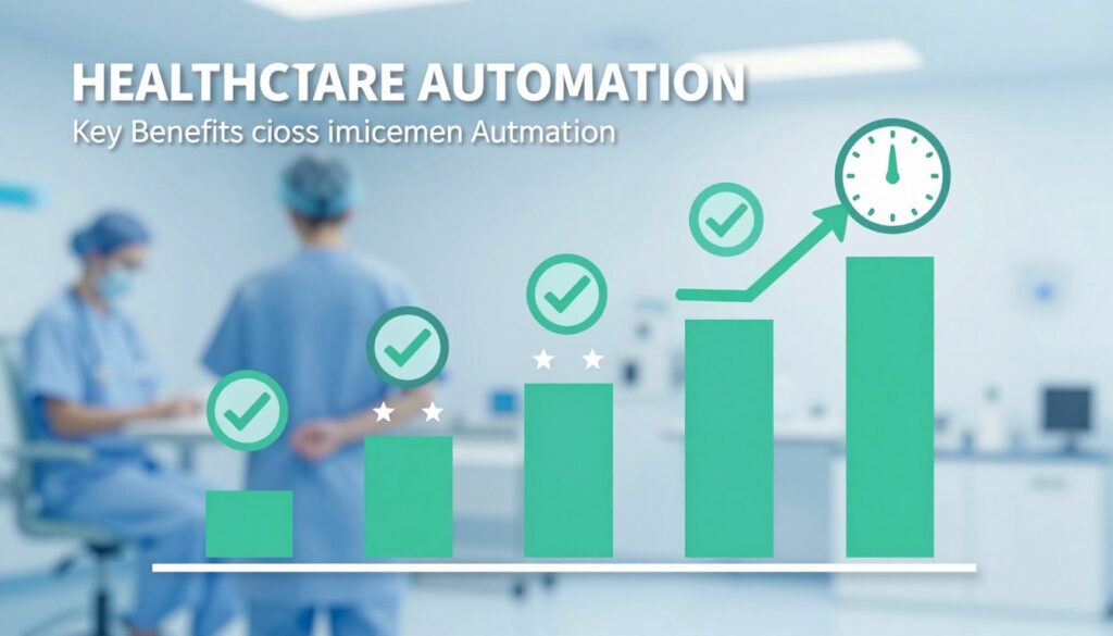 Infographic showing benefits of automated health operations with icons for efficiency, cost savings, and improved patient care