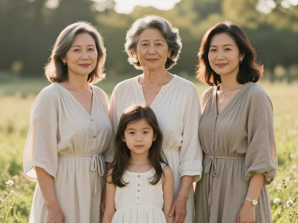 Multiple generations of women in family portrait representing ancestral feminine lineage Multiple generations of women in family portrait representing ancestral feminine lineage