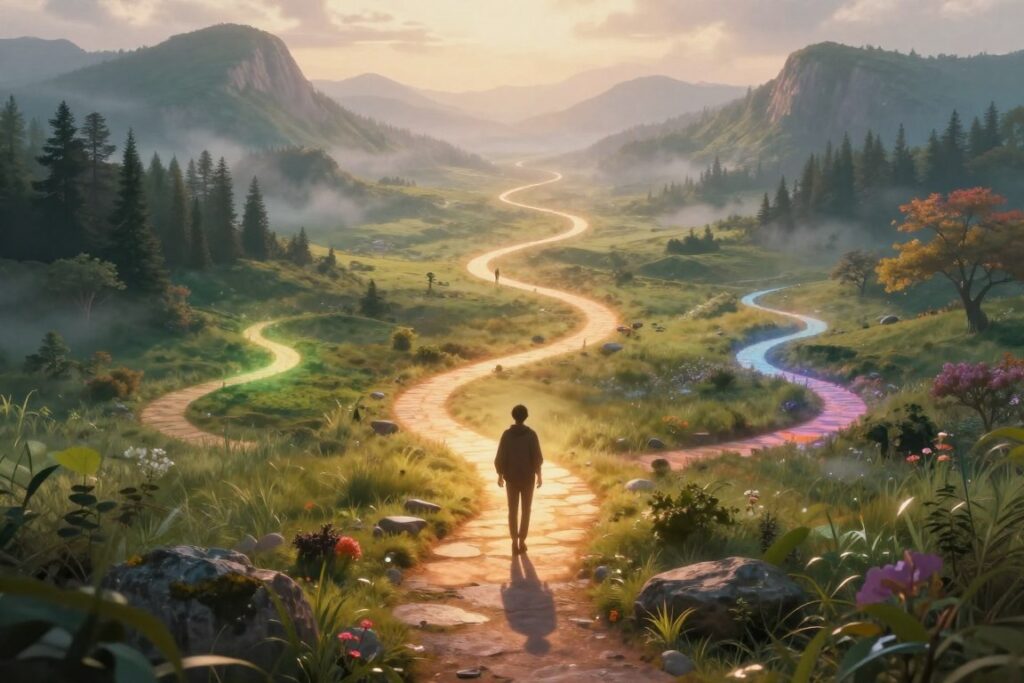 Multiple paths through mystical landscape representing different healing journey options