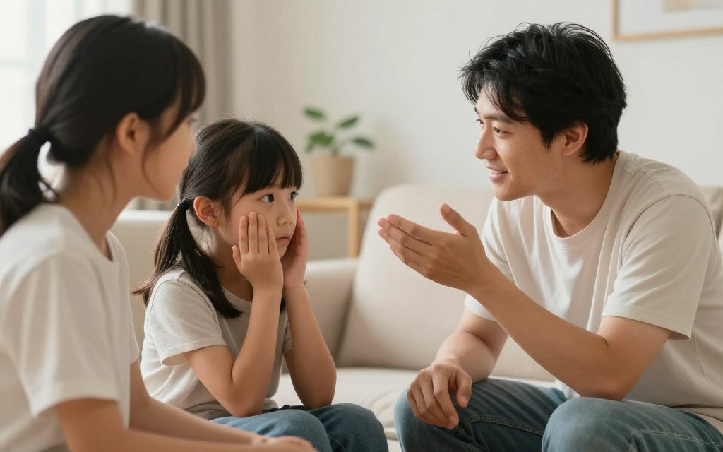 Parent teaching child about forgiveness in warm supportive environment