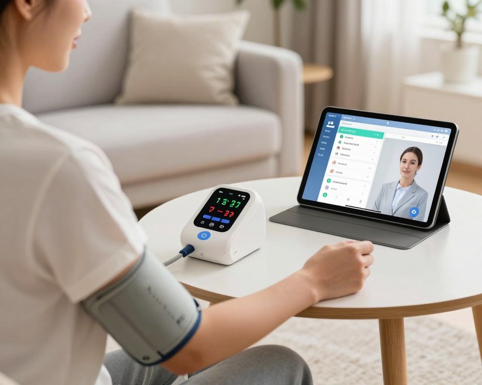 Patient using remote health monitoring devices connected to automated healthcare system