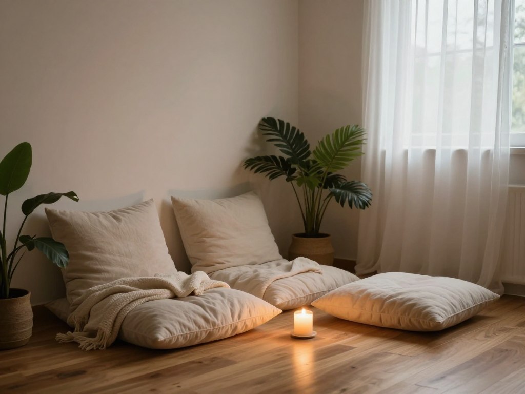 Peaceful meditation space with candles and cushions
