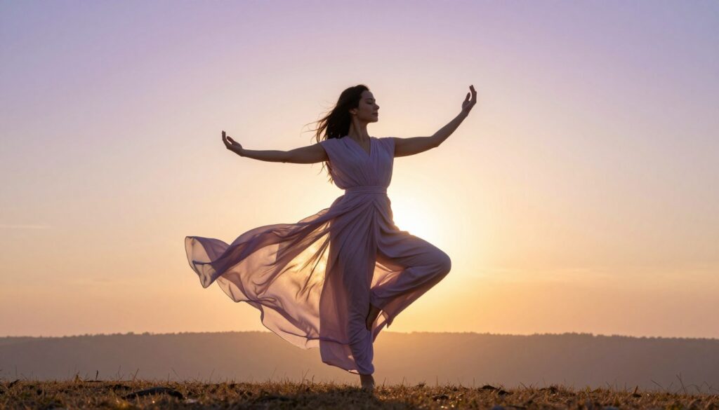 Peaceful woman embodying wholeness and harmony in serene natural setting at sunrise