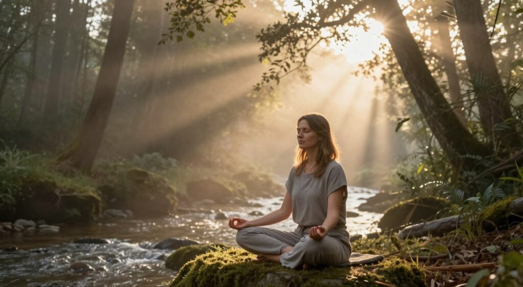 Peaceful woman in meditation surrounded by nature representing answered questions and clarity on transformation journey Peaceful woman in meditation surrounded by nature representing answered questions and clarity on transformation journey