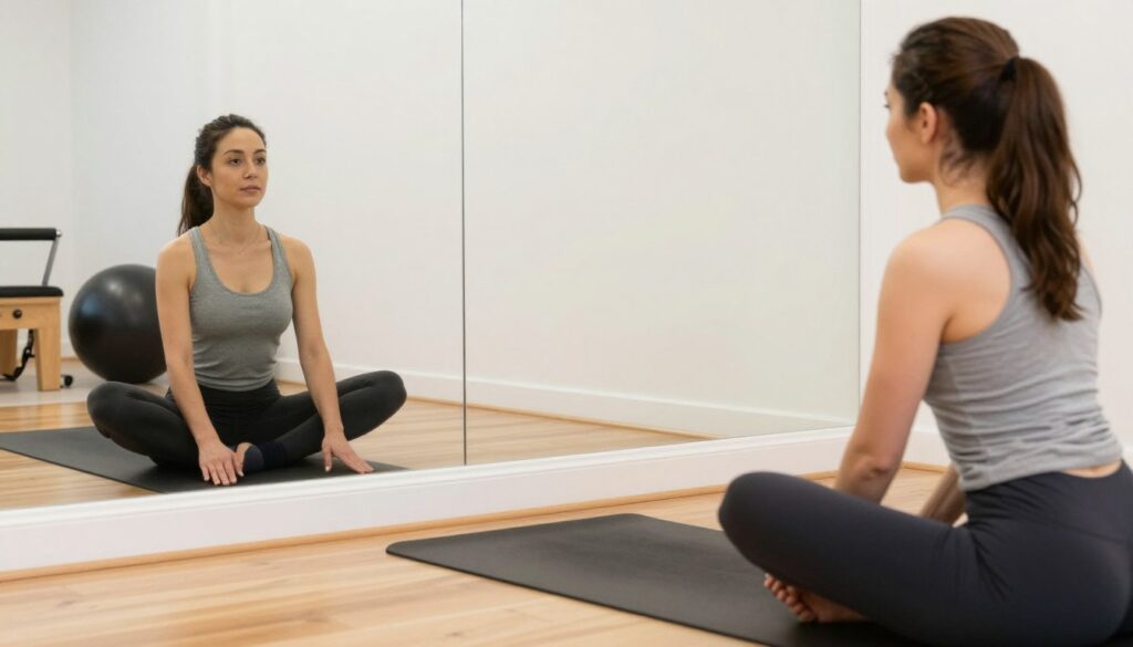 Person checking form in mirror during home Pilates practice Person checking form in mirror during home Pilates practice