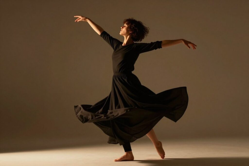 Person engaged in expressive dance movement for emotional release
