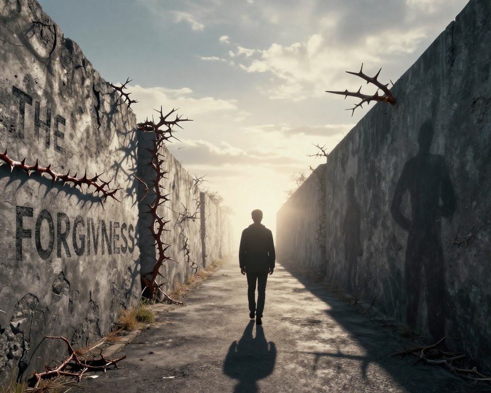 Person facing barriers and obstacles on the path to forgiveness represented symbolically