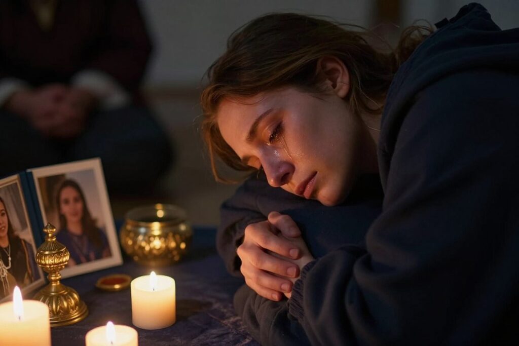 Person honoring grief through ritual with candles and sacred space for emotional release