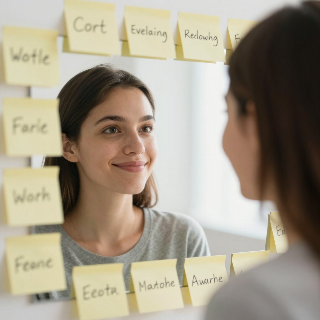 Person looking confidently in mirror with positive affirmations representing rebuilt self-worth