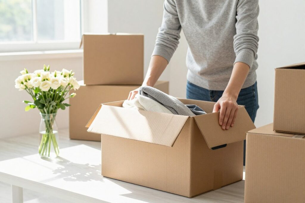 Person organizing belongings and creating fresh start after breakup